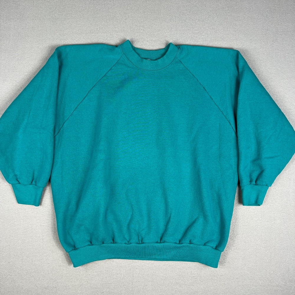 VTG Fruit of the Loom Raglan Sweatshirt Fits Ladies XL/XXL Teal Blank 90s USA